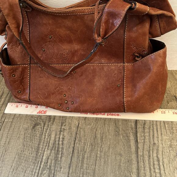 Fossil Leather Tote Bag Floral Embossed Brown Shoulder Purse Distressed Vintage - Picture 6 of 9